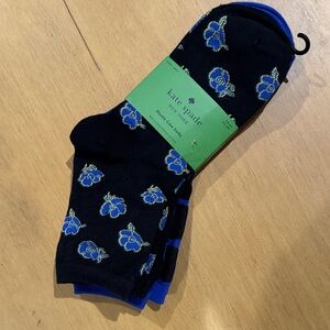 Kate Spade Black and Blue Shortie Crew Socks in Floral Dot and Spade